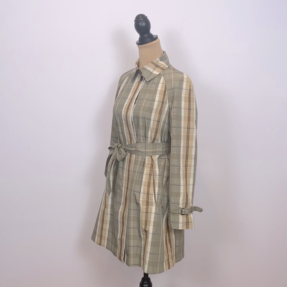 Banana Republic Olive Tan Cream Plaid Trench Rain Coat Size S - Picture 2 of 13